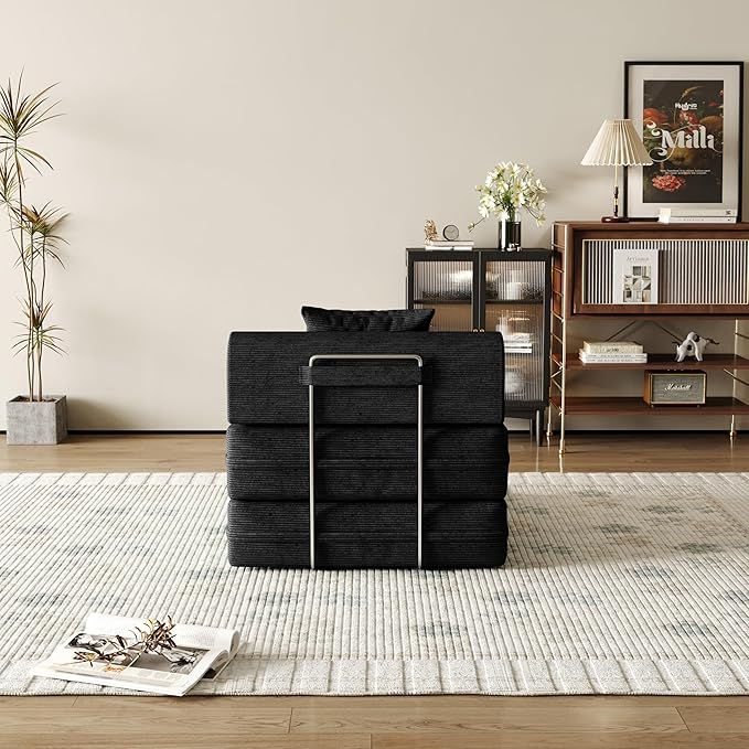 31.5'' Convertible Compressed Corduroy Folding Cloud Sofa Bed, Modern Boneless Pull Out Sleeper Sofa Couch in a Box, 3 in 1 Portable Lazy Floor Lounge Chair, No Assembly Needed, Black, Pillow, Single
