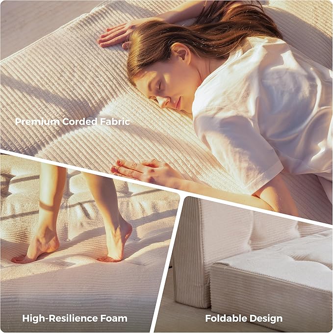 MAXYOYO 8" Foldable Floor Sofa Bed, Tufted Foldable Couch Bed Thick Folding Mattress with Handles, Versatile Folding Sofa Couch for Floor Sleeping, Living Room & Guest Room, Beige