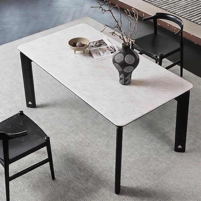 55" Modern Marble Top Dining Table, Marble Dining Table White Rectangular Indoor Outdoor Table for Patio, Backyard, Scratch and Heat Resistant(55.1" D x 34" W)