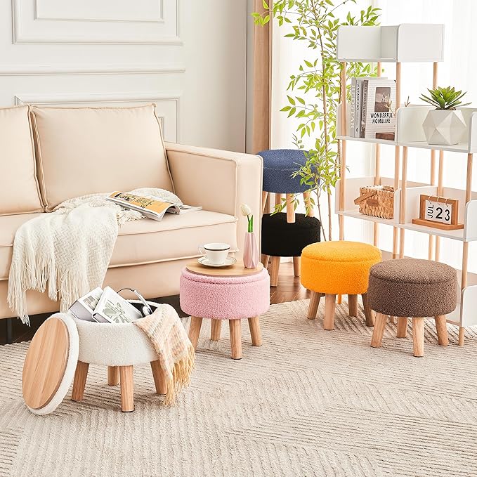 Poofzy Small Ottoman with Storage, Small Foot Stool Ottoman with Wood Legs, Sherpa Foot Rest for Couch, Living Room and Bedroom - Black