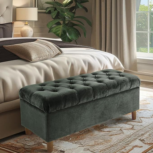 Homepop Home Decor | Tufted Ainsley Button Storage Ottoman Bench with Hinged Lid | Ottoman Bench with Storage for Living Room & Bedroom,Loden Green Velvet