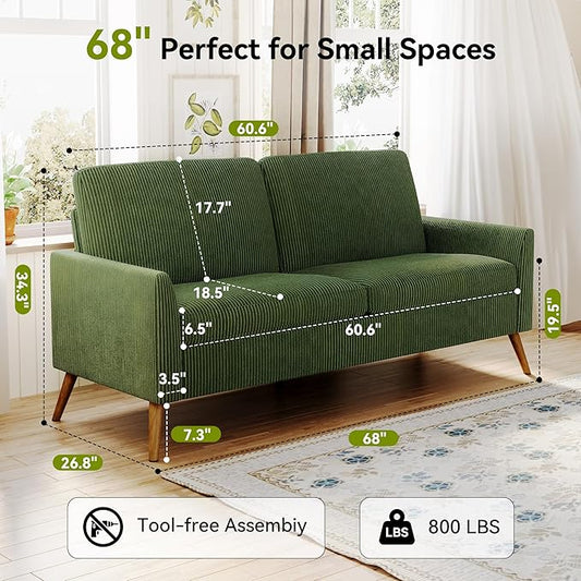 68" Loveseat Sofa, Comfy Green Corduroy Couches for Living Room, Mid Century Modern Love Seat Sofa, Tool-Free Setup Small Couches for Bedroom Office
