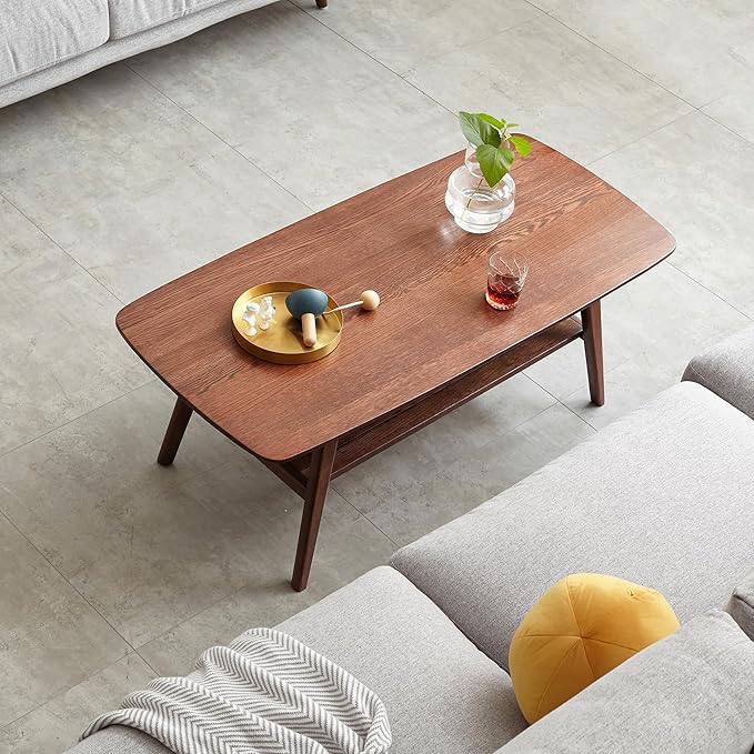 Ball & Cast 39.37" Solid Wood Coffee Table, Mid Century Center Table with Shelf Storage, 2-Tier Small Coffee Table with Rounded Edges for Living Room, Easy to Assemble,Walnut