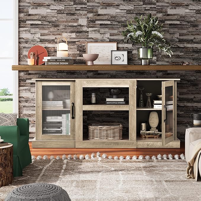 WLIVE Farmhouse TV Stand for 65 inch TV, 58" Entertainment Center with Storage Cabinets, Open Shelves TV Console for Living Room and Bedroom, Greige