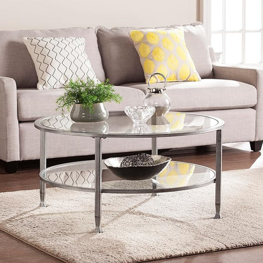 SEI Furniture Jaymes Metal & Glass 36" Round 2-Tier Coffee Table, Silver/Black Distressing