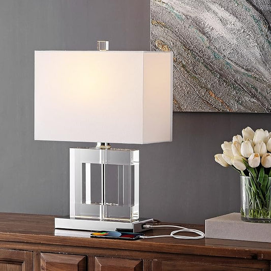 SAFAVIEH Lighting Collection Town Square Clear Crystal 21-inch Table Lamp with USB Charging Port