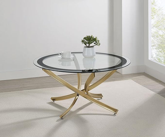 Coaster Home Furnishings - Brooke - Glass, Metal - Round Coffee Table with Clear Glass Top, Crisscross Metal Legs and Black Trim - Living Room - 35.5 Inch - Rose Brass - 707888