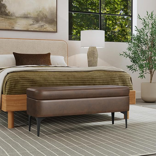 HomePop Upholstered Storage Bench with Metal Leg, 42" W, Brown PU Leather