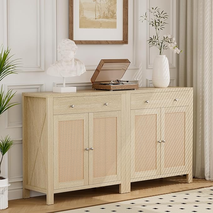 31" Sideboard Buffet Cabinet, Farmhouse Buffet Cabinet with Storage, Rattan Doors Cabinet, Multi-Functional Storage Cabinet Console Coffee Bar Cabinets for Entryway Living Room