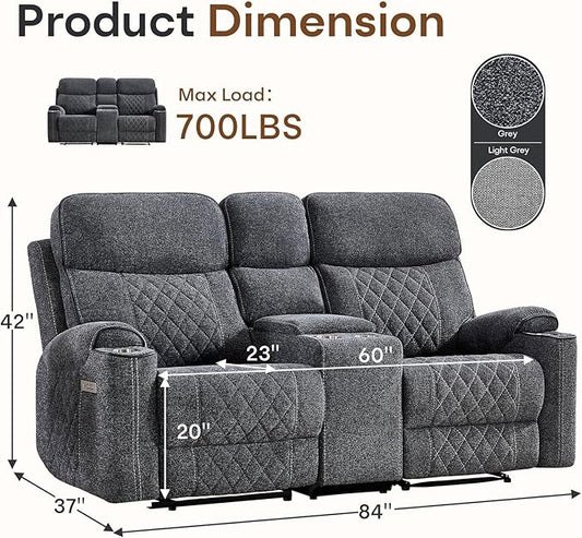 HAOMARKETS Electric Reclining Loveseat Couch with USB & Type-C Charging Port, Breathable Fabric 2-Seater Power Recliner Sofa with Cup Holders & Storage Console for Living Room, Dark Grey