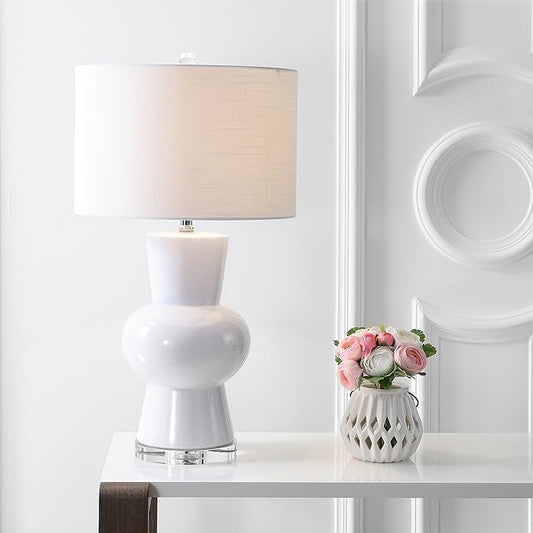 JONATHAN Y 28.5" White Ceramic Table Lamp for Living Room Bedroom Nightstand, Modern Hourglass LED Bedside Lamp with Crystal Base and Linen Shade JYL4027A