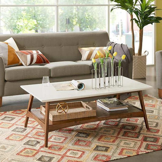 Madison Park Rectangular Wood Coffee Table With Solid Wood Frame & Legs, Living Room Coffee Tables With Storage Shelf, Accent Furniture For Living Room, Minimalist Decor - Off-White / Pecan Parker