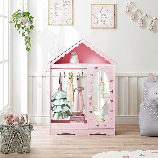 UTEX Kids Dress Up Storage with Mirror, Kids Wardrobe Closet, Dress Up Armoire for Little Girls, Open Hanging Costume Organizer with Storage Cabinet for Kids Room, Playroom | with Mirror, for Little Girls, Open Hanging, Costume Organizer, with Storage ...