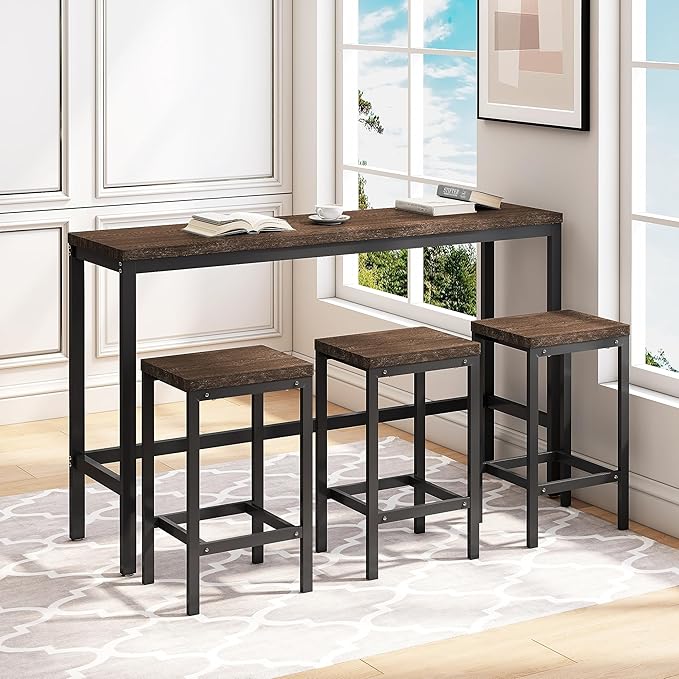 Merax 4-Piece Counter Height Extra Long Dining Table Set with 3 Stools w/Footrest,Modern Design Kitchen Dining Table,Pub Table, Long Dining Table Set(Dark Brown)