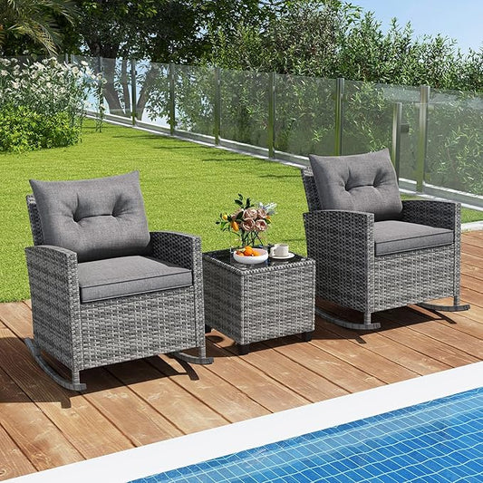 Tangkula 3 Piece Wicker Rocking Set, Patio Rattan Roker Chairs with Tempered Glass Table & Soft Cushions, Outdoor Furniture Set for Backyard, Poolside Porch (Grey)