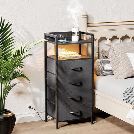 Night Stand Bedside Table Bedroom - Tall Nightstand with Charging Station & LED Light Strip, Bed Side Table with Storage Shelf & 4 Fabric Drawers, 2 U-S-B Ports & 2 AC Outlets