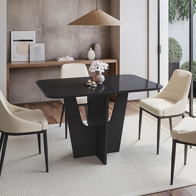 Modern Painted Glass Dining Table for 4 with Tempered Glass Top and Contemporary Wood Base, Elegant and Compact Italian-Style Design for Dining Rooms, Black