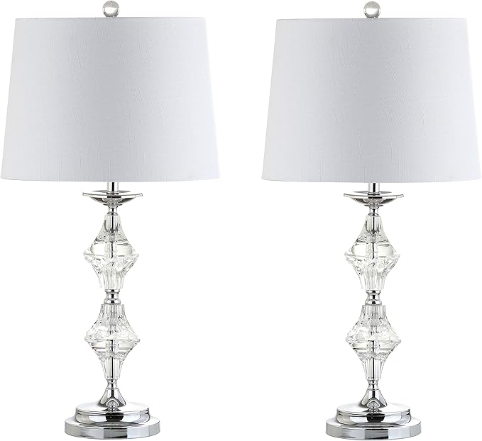 JONATHAN Y 27.5" Clear Crystal Table Lamp Set of 2 for Living Room Bedroom, Glam Traditional Chrome Nightstand Lamps, White Linen Drum Shade, LED Bulbs Included JYL2037A-SET2