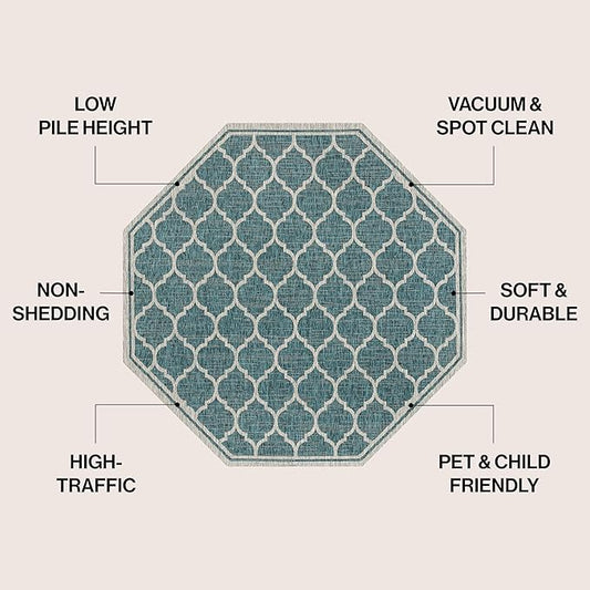 JONATHAN Y Moroccan Trellis Indoor Outdoor Octagon Area Rug 8 Ft Teal/Gray, Trebol Textured Weave for Backyard, Patio, Porch, Easy-Cleaning, High Traffic, Pet-Friendly, Non-Shedding (SMB109E-8TGN)