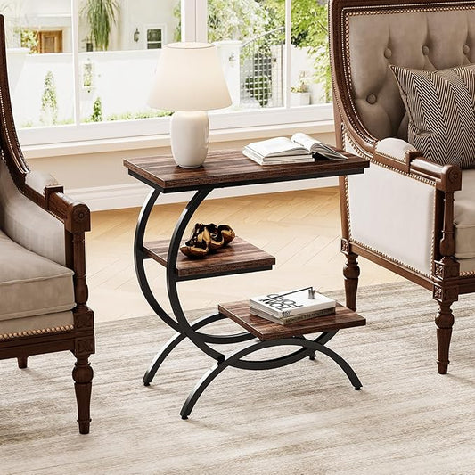 LITTLE TREE End Table, Narrow End Table with 3 Storage Shelves, Industrial C-Shaped Small Sofa Side Table for Living Room, Wood Slim Snack Table with Black Metal Frame, Rustic Brown
