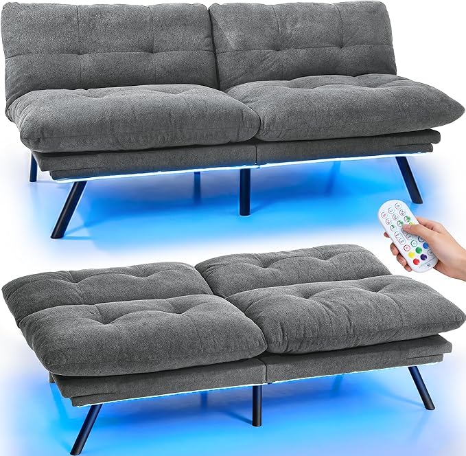 YITAHOME Convertible Futon Sofa Bed with Adjustable 3 Color Light Strip, 70" Folding Futon Set for Living Room Home Office Aprtment, Modern Futon Couch with Adjustable Backrest & Armrests, Grey
