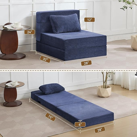 WUTUTUEE Folding Sofa Bed Convertible Floor Couch Foldable Chair Bed with Pillow,Linen Sleeper Chair Futon,Foldable Memory Foam Mattress for Bedroom/Living Room/Dorm/Office (Corduroy Navy, Single)