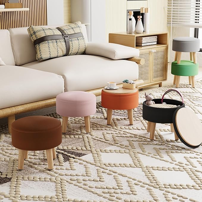 Poofzy Small Ottoman with Storage, Small Foot Stool Ottoman with Wood Legs, Velvet Foot Rest for Couch, Living Room and Bedroom - Brown