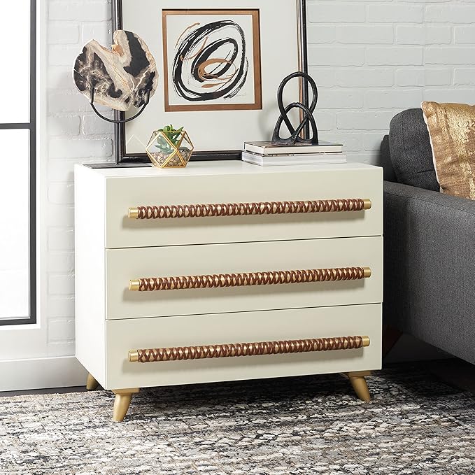 SAFAVIEH Home Collection – Raquel White 3 Drawer Chest, Mid-Century Style Dresser with Faux Leather Wrapped Drawer Pulls (CHS6602C)
