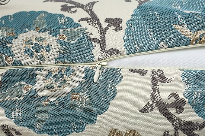 Mika Home Pack of 2 Jacquard Circle Floral Throw Pillow Case Decorative Pillow Cover for 22X22 Inserts Cream Blue