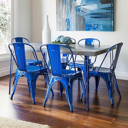 AC Pacific 18 Inch Seat Height Industrial Metal Dining Chairs, Stackable Kitchen or Bar Seat, Durable Modern Design, Versatile Accent Furniture, Set of 4, Blue