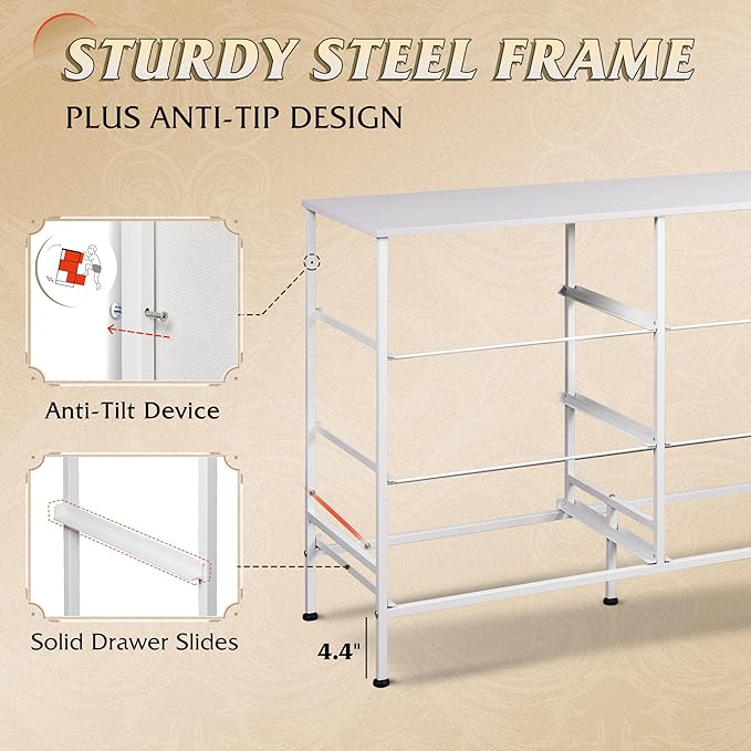 WLIVE Wide Dresser with 6 Fabric Drawers, TV Stand for 50" TV, Closet Dresser with Metal Frame, Wooden Top, Fabric Dressers for Bedroom, Closet, Hallway, Living Room, Entryway, White