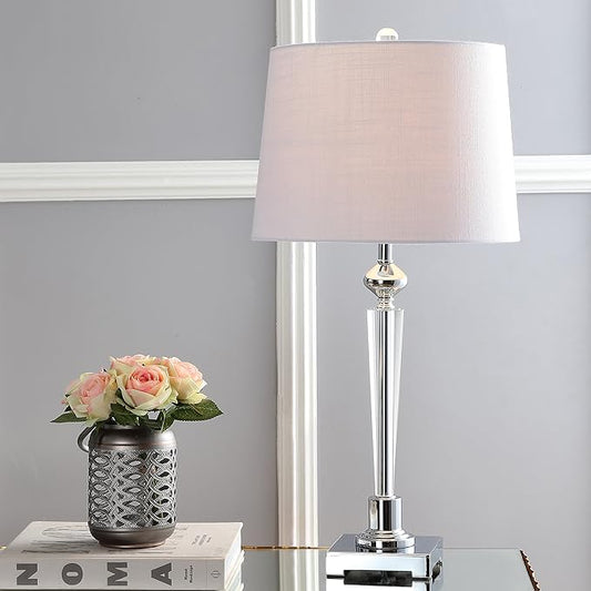 JONATHAN Y 28.25" Clear Crystal Table Lamp, Chrome Candlestick Base with White Linen Drum Shade, Traditional French Country Lamp for Living Room, LED Bulb Included JYL2051A