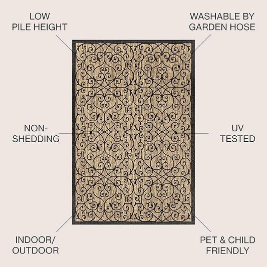 JONATHAN Y Vintage Filigree Indoor Outdoor Square Area Rug 5X5 Black/Khaki, Madrid Textured Weave for Backyard, Patio, Porch, Easy-Cleaning, High Traffic, Pet-Friendly, Non-Shedding (SMB107A-5SQ)