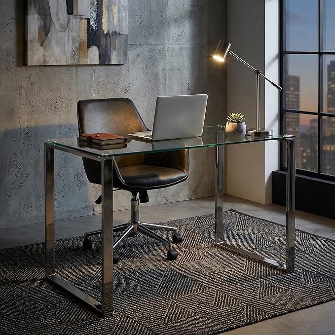 Cortesi Home Remi Glass Top Desk with Chrome Finish Stainless Steel, 48"x24"