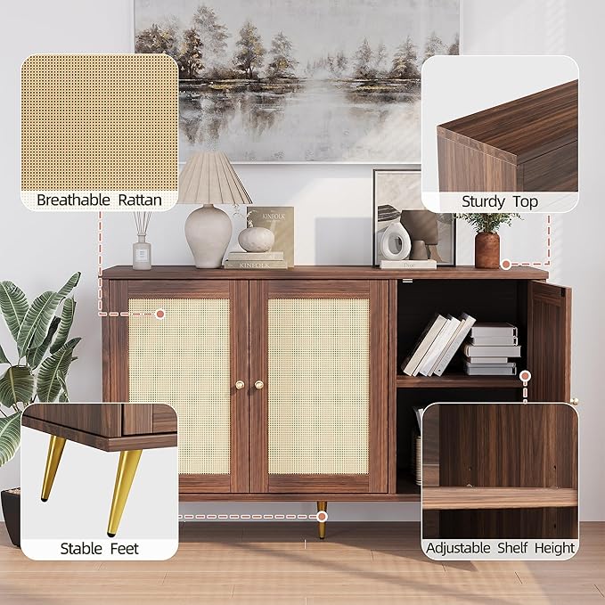 Shintenchi Large Rattan Storage Cabinet, Modern Sideboard Cabinet, Accent Large Storage Space Cabinet with Rattan Decorated Doors for Living Room, Dining Room