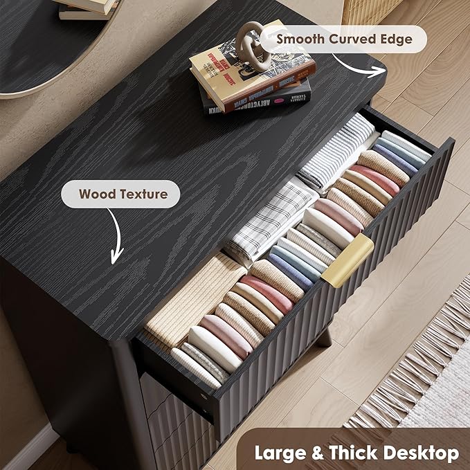 Garvee 5 Drawers Dresser for Bedroom, 47.2" Tall Dressers with Curved Profile Design, Fluted Wood Drawers with Gold Handle, Modern Chest of Dressers with Thickened Design for Living Room, Black