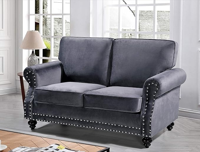 Container Furniture Direct Lotus Mid Century Modern Velvet Upholstered Living Room Rolled Arms, Sofa and Loveseat, Fossil Grey