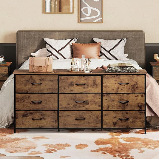 WLIVE 54''W Dresser for Bedroom, Dresser TV Stand for 55, 60, 65 inch TV, Wide Chest of Drawers with 9 Drawer, Large Entertainment Center, Fabric Dressers with Wood Top for Living Room, Rustic Brown