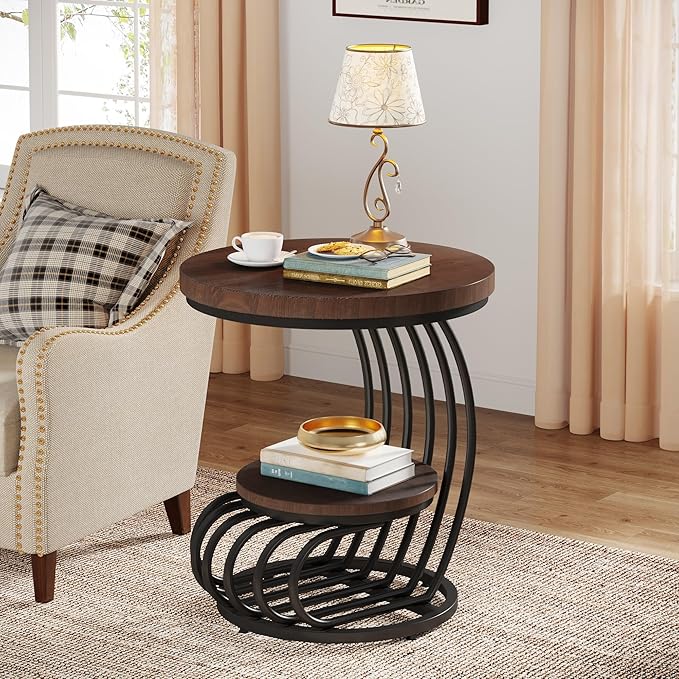 LITTLE TREE Round Side Table, Wood End Table with 2-Tier Storage Shelf, Accent Coffee Table, Creative Curved Metal Frame End Table for Small Spaces, Living Room, Bedroom, Brown + Black