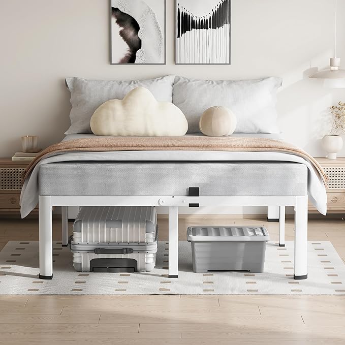 20 Inch King Size White Bed Frame, 3500Lbs Heavy Duty Metal Platform with Round Corner Legs Mattress Slide Stopper, Steel Slat Support No Box Spring Needed, Noise Free, Non-Slip, Easy Assembly