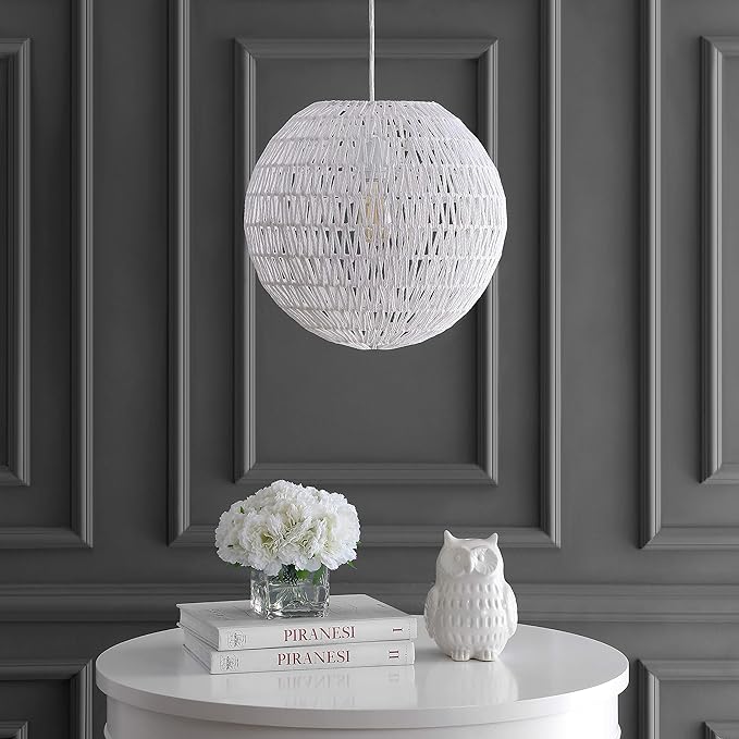 JONATHAN Y 15.7" White Modern Bohemian Woven LED Pendant Light, Adjustable Hanging Ceiling Lamp for Kitchen Island Dining Room, Paper Wicker Shade, Bulb Included JYL6503A