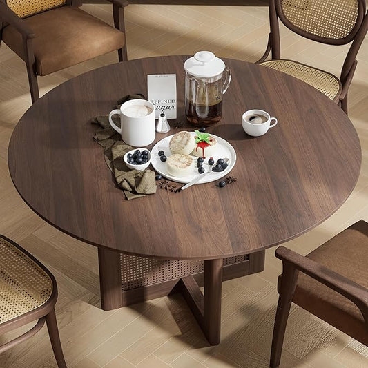 Casaphoria 52" Round Dining Table, Modern Kitchen Table for 6, Scratch-Resistant Top & Rattan Base, Farmhouse Dinner Table for Living Room, Kitchen, Bar, Easy Assembly, Walnut