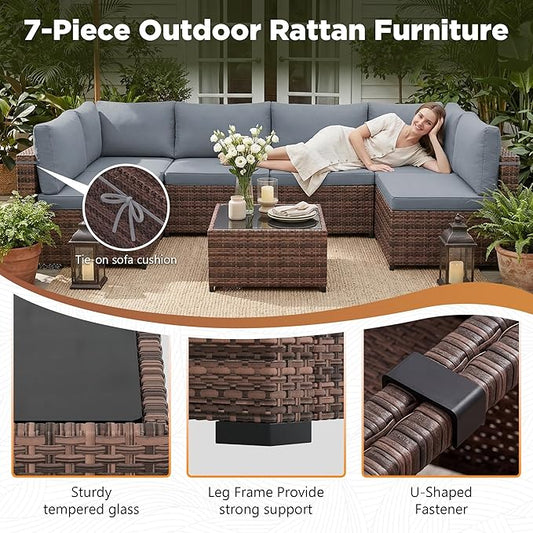 LHBcraft Patio Furniture Set,7 Pieces Outdoor Wicker Rattan Patio Furniture, Wicker Rattan Outdoor Sectional Sofa Set with Coffee Table for Garden, Taupe-Blue
