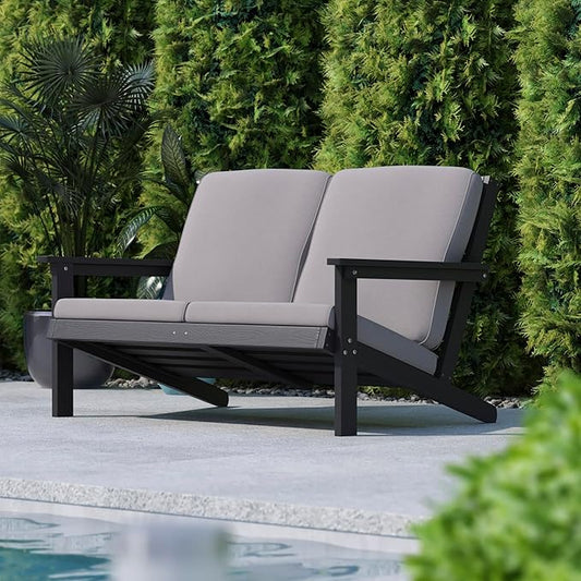 Flash Furniture Charlestown Adirondack Style Deep Seat Patio Loveseat with Cushions - Black Poly Resin Frame - Charcoal All-Weather Cushions - Indoor/Outdoor