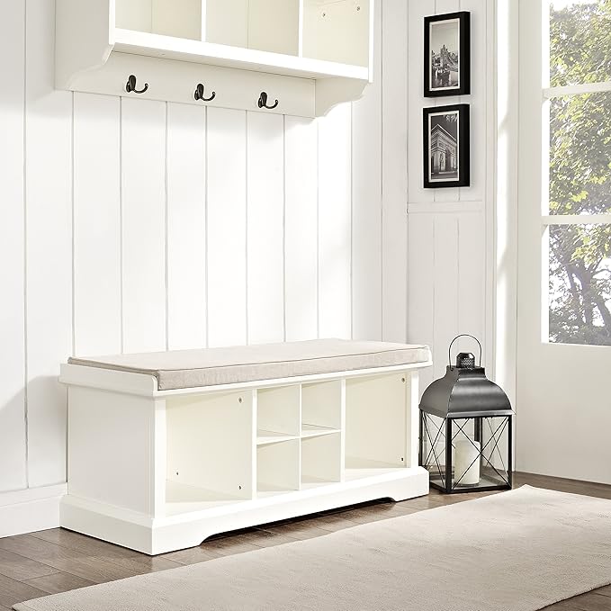 Crosley Furniture Brennan Entryway Storage Bench with Bins and a Shoe Rack Organizer, White