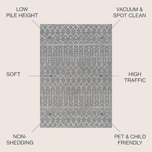 JONATHAN Y Boho Vintage Diamond Gray/Ivory Indoor Area Rug 5X8 ft, Moroccan Hype for Living Room, Bedroom, Kitchen, Office, Easy-Cleaning, High Traffic, Pet-Friendly, Non-Shedding (MOH101C-5)