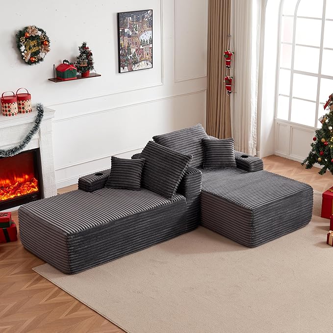 69-Inch Fluffy Corduroy Boneless Sleeper Daybed Loveseat Double Recliner Chaise Lounge Sofa Couches, Floor Cloud Sofa Chaise W/4 Pillows for Home Apartment Living Room