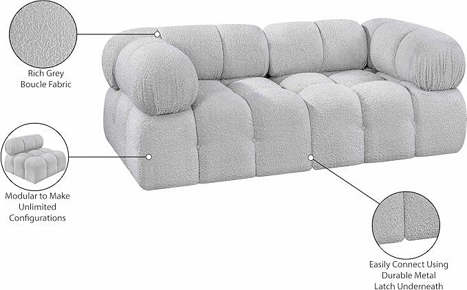 Meridian Furniture 611Grey-S68A Ames Collection Modern | Contemporary Modular Sofa with Rich Grey Boucle Fabric, Modular to Create Infinite Configurations, 68" W x 34" D x 28" H, Grey