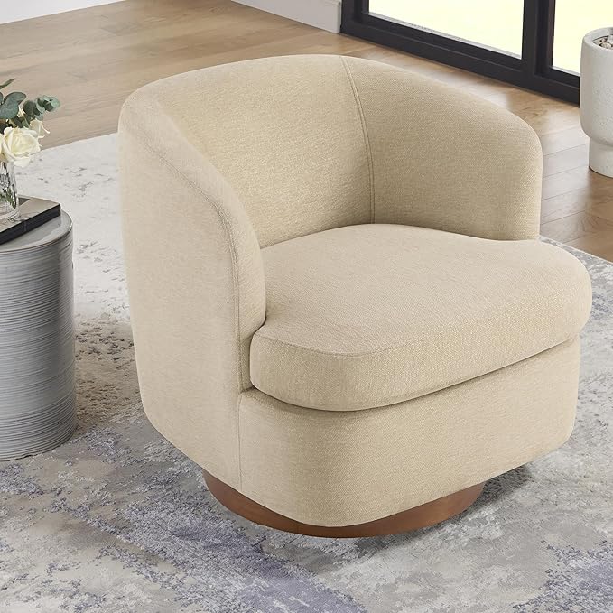 Swivel Accent Chair, Barrel Armchair with Upholstered Performance Fabric and Wood Base for Bedroom Waiting Living Room, 1 PC, Oatmeal