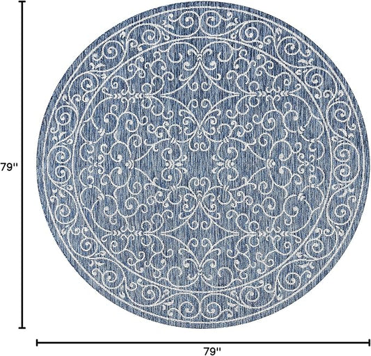 JONATHAN Y Vintage Filigree Indoor Outdoor Round Area Rug 6 Ft Navy/Gray, Charleston Textured Weave for Backyard, Patio, Porch, Easy-Cleaning, High Traffic, Pet-Friendly, Non-Shedding (SMB106D-6R)